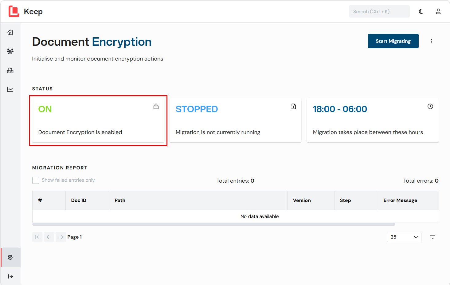 The status indicator for Document Encryption shows the status is ON.